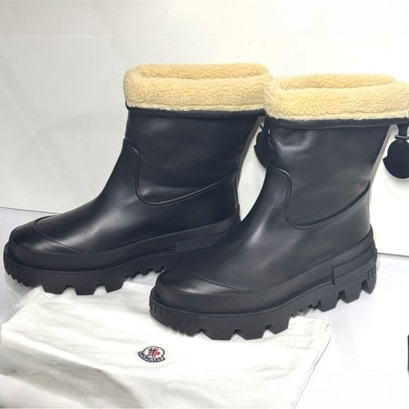 MONCLER Moscova faux fur-trimmed leather ankle boots booties Size 8 NEW - Picture 10 of 16